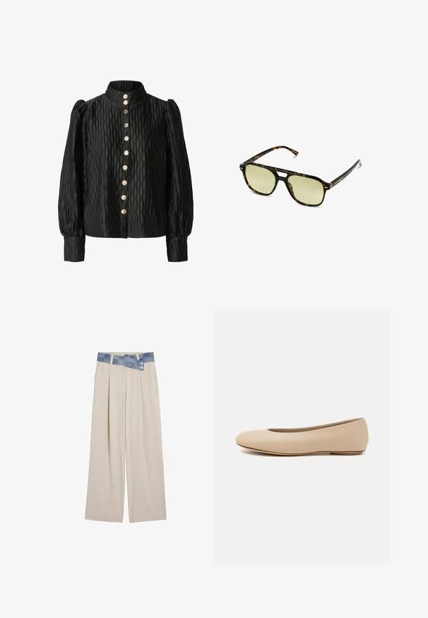 Sweter dziany z falistymi wzorami w kolorze niebieskim i białym, z okrągłym dekoltem w kolorze kremowym oraz ściągaczami na rękawach i dolnej krawędzi. Całość z teksturowanym wzorem.; Czarna, fakturowana bluzka z wysokim kołnierzem, bufkami i zapięciem na guziki z metalowymi guzikami oraz falistym wzorem.; Jasnobeżowe szerokie spodnie z denimu w talii, z dwoma guzikami i plisowanymi detalami z przodu. Gładka tekstura i luźny krój.; Beżowe skórzane baleriny z zaokrąglonym noskiem, minimalnymi szwami, niskim obcasem oraz subtelnym logo z tyłu. Gładka, matowa tekstura.; Słoneczne okulary w kratkę w kształcie prostokąta, z soczewkami w zielonym odcieniu i wzorzystymi ramkami z acetatu. Posiadają metalowe akcenty w pobliżu soczewek.