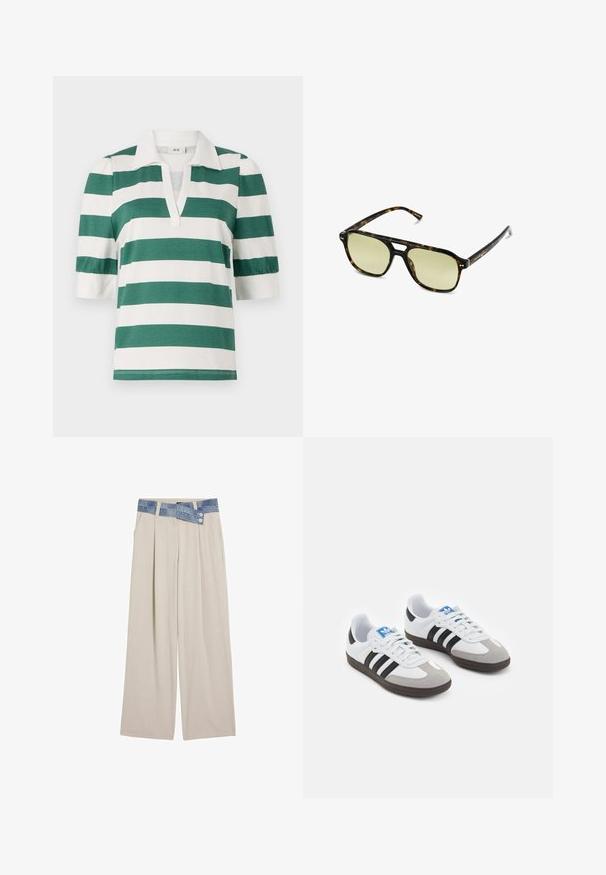 Maglione a maglia con motivi a onda in blu e bianco, caratterizzato da un collo rotondo color crema e polsini e orlo a coste. Design testurizzato su tutto il capo.; Polo a righe verdi e bianche con maniche a sbuffo corte e scollatura a V. Realizzato in morbido tessuto leggero.; Pantaloni larghi beige chiaro con vita in denim, caratterizzati da due bottoni e dettagli plissettati sul davanti. Tessuto morbido e vestibilità rilassata.; Scarpe sportive con tomaia in pelle bianca, punta in suede grigia e tre strisce nere. Presentano un logo blu sulla linguetta e una suola in gomma testurizzata.; Occhiali da sole tartaruga con forma rettangolare, lenti con tonalità verde e montatura in acetato decorata. Presentano dettagli metallici vicino alle lenti.