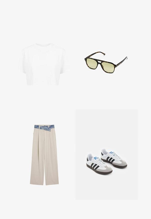 Gebreide trui met golfpatronen in blauw en wit, voorzien van een crèmekleurige ronde hals en geribde mouwen en zoom. Textuurontwerp door de hele trui.; Witte cropped t-shirt, korte mouwen, ronde halslijn, gemaakt van gladde stof, zonder zichtbare patronen of opvallende hardware.; Lichtbeige wijde broek met een denim tailleband, voorzien van twee knopen en geplooide details aan de voorkant. Gladde textuur en ontspannen pasvorm.; Sportschoenen met een witte leren bovenkant, grijze suède neus en drie zwarte strepen. Bevat een blauw logo op de tong en een gestructureerde rubberen zool.; Schildpadbril met een rechthoekige vorm, groengetinte lenzen en gepatterde acetaat montuur. Kenmerkt metalen accenten nabij de lenzen.