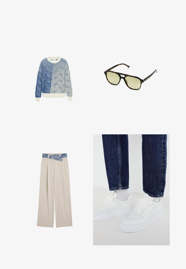 Pletený svetr s vlnitými vzory v modré a bílé, se smetanovým kulatým výstřihem a žebrovanými manžetami a spodním okrajem. Texturovaný design po celé ploše.; Světlé béžové kalhoty s širokým střihem a denimo páskem, který má dva knoflíky a skladby na přední části. Hladká textura a uvolněný střih.; Bílé tenisky s texturovaným designem a silnými podrážkami, spárované s světle šedými žebrovanými ponožkami a tmavě modrými džíny.; Brýle ve stylu želvoviny s obdélníkovým tvarem, zelenými skly a vzorovanými acetátovými rámy. Obsahují kovové akcenty poblíž skel.