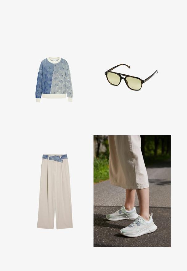 Gestrickter Pullover mit Wellenmustern in Blau und Weiß, ausgestattet mit einem cremefarbenen Rundhalsausschnitt sowie gerippten Bündchen und Saum. Strukturiertes Design durchgehend.; Hellbeige weite Hose mit einem Denim-Bund, der zwei Knöpfe und gefältelte Frontdetails aufweist. Sanfte Textur und lockere Passform.; Leichte Sportschuhe mit einem Obermaterial aus Netzgewebe in hellem Grün und Weiß, mit grauen Akzenten und einer dicken weißen Sohle.; Schildkrötensonnenbrille mit rechteckiger Form, grün getönten Gläsern und gemusterten Acetatrahmen. Verfügt über metalliche Akzente in der Nähe der Gläser.