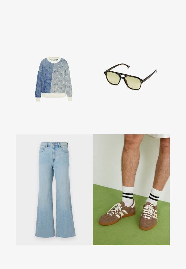 Strikket sweater med bølgemønstre i blå og hvid, med en cremefarvet rund halsudskæring og ribbede manchetter og kant. Tekstureret design hele vejen igennem.; Lysblå denimflared jeans med høj talje, featuring en klassisk knap- og lynlås-lukning, samt let slidser i stoffet.; Brune ruskind sneakers med hvide detaljer og snørebånd. Gummisål i naturgummi. Båret med hvide sokker med sorte striber. Grøn struktureret gulv.; Skildpaddemønstrede solbriller med rektangulær form, grønfarvede linser og mønstrede acetatstel. Har metaldetaljer nær linserne.