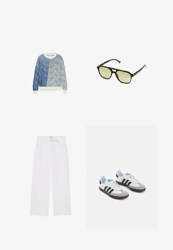 Neulepaita, jossa on aaltoilumallit sinisessä ja valkoisessa, ja jonka kaula-aukko on vaaleancremellä pyöreä sekä resorit hihoissa ja helmakohdassa. Koko vaatteessa on teksturoitu muotoilu.; Anna Field Tall Leveälahkeiset - white denim; Urheilukengät, joissa on valkoinen nahkainen päällinen, harmaa mokkanokka ja kolme mustaa raitaa. Ominaisuuksina sininen logo kielekkeessä ja kuvioitu kumipohja.; Aurinkolasit kilpikonnakuosisella kehysrakenteella, joissa on suorakulmainen muoto, vihertävät linssit ja kuvioitu asetaattikehys. Kehyksissä on metalliset yksityiskohdat linssien lähellä.