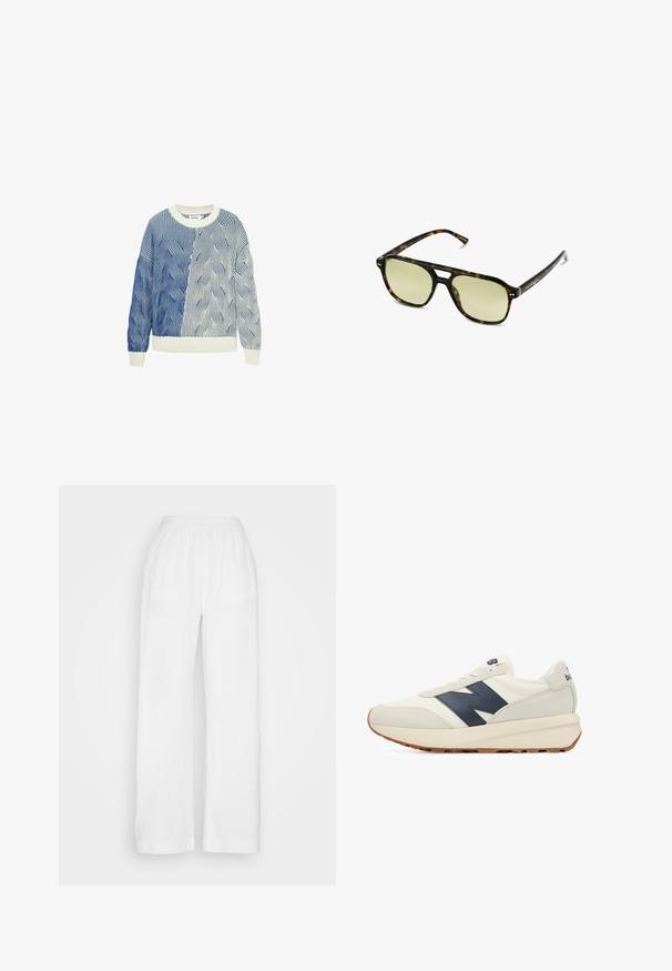 Gestrickter Pullover mit Wellenmustern in Blau und Weiß, ausgestattet mit einem cremefarbenen Rundhalsausschnitt sowie gerippten Bündchen und Saum. Strukturiertes Design durchgehend.; Weiße, weite Hose aus leichtem, strukturiertem Stoff mit einem elastischen Bund. Sie hat einen lockeren Schnitt mit geraden Beinen und keine Taschen.; Herrenschuhe in Creme und Marineblau, mit einem Obermaterial aus Wildleder und Mesh, Gummisohle und einem auffälligen marineblauen "N"-Logo an der Seite.; Schildkrötensonnenbrille mit rechteckiger Form, grün getönten Gläsern und gemusterten Acetatrahmen. Verfügt über metalliche Akzente in der Nähe der Gläser.
