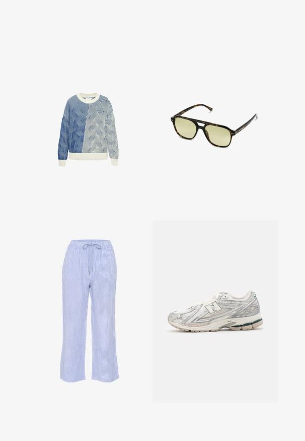Gestrickter Pullover mit Wellenmustern in Blau und Weiß, ausgestattet mit einem cremefarbenen Rundhalsausschnitt sowie gerippten Bündchen und Saum. Strukturiertes Design durchgehend.; Blaue und weiße gestreifte Hose aus leichtem Stoff, mit einem elastischen Bund und Kordelzug sowie geradem Bein.; Laufschuh mit einem silbernen und weißen Mesh-Obermaterial und grünen Akzenten. Die Sohle ist dick und strukturiert, um Dämpfung und Unterstützung zu bieten.; Schildkrötensonnenbrille mit rechteckiger Form, grün getönten Gläsern und gemusterten Acetatrahmen. Verfügt über metalliche Akzente in der Nähe der Gläser.