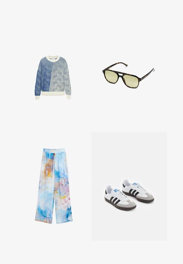 Maglione a maglia con motivi a onda in blu e bianco, caratterizzato da un collo rotondo color crema e polsini e orlo a coste. Design testurizzato su tutto il capo.; Pantaloni leggeri a gamba larga con un motivo ad acquerello blu e arancione. Fascia elastica in vita, tessuto morbido e silhouette fluida.; Scarpe sportive con tomaia in pelle bianca, punta in suede grigia e tre strisce nere. Presentano un logo blu sulla linguetta e una suola in gomma testurizzata.; Occhiali da sole tartaruga con forma rettangolare, lenti con tonalità verde e montatura in acetato decorata. Presentano dettagli metallici vicino alle lenti.