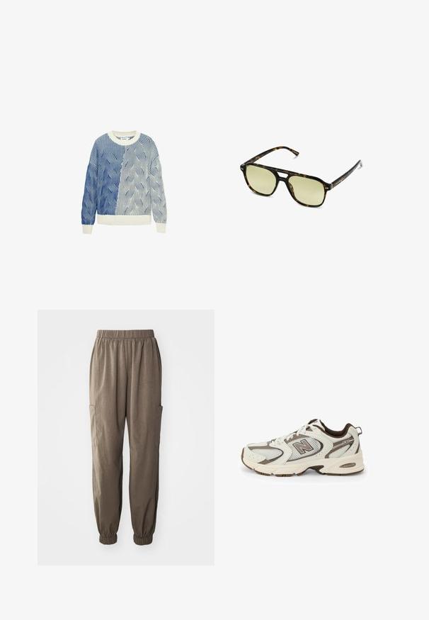 Strikket sweater med bølgemønstre i blå og hvid, med en cremefarvet rund halsudskæring og ribbede manchetter og kant. Tekstureret design hele vejen igennem.; Løs pasform cargo bukser i brunt stof, med elastisktalje, samlet manchetter og sidelommer for funktionalitet.; Hvide og brune atletiske sko med mesh-overdel, buet design, polstret sål og "N" logo på siden. Holdbar gummi ydersål.; Skildpaddemønstrede solbriller med rektangulær form, grønfarvede linser og mønstrede acetatstel. Har metaldetaljer nær linserne.