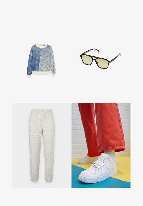Jersey de punto con patrones en forma de ola en azul y blanco, con cuello redondo en color crema y puños y dobladillo acanalados. Diseño texturizado en toda la prenda.; GAP Pantalones deportivos - heather grey; Zapatilla de cuero blanco con caja de dedos perforada, suela texturizada y cordones blancos, combinada con pantalones rojos amplios y un fondo azul y amarillo.; Gafas de sol carey con forma rectangular, lentes con tinte verde y montura de acetato con patrones. Presentan acentos metálicos cerca de las lentes.