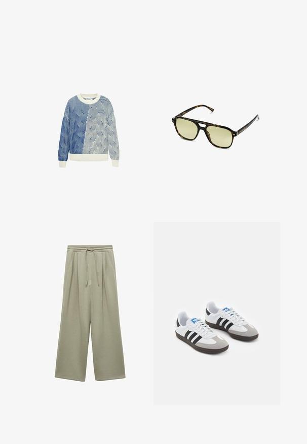 Gestrickter Pullover mit Wellenmustern in Blau und Weiß, ausgestattet mit einem cremefarbenen Rundhalsausschnitt sowie gerippten Bündchen und Saum. Strukturiertes Design durchgehend.; Helle grüne, weit geschnittene Sweatpants aus weichem Stoff. Mit einem Kordelzugbund, Falten und einer lässigen Passform. Keine sichtbaren Taschen.; Sportschuhe mit einem Obermaterial aus weißem Leder, grauer Wildleder-Zehenkappe und drei schwarzen Streifen. Sie verfügen über ein blaues Logo auf der Zunge und eine strukturierte Gummisohle.; Schildkrötensonnenbrille mit rechteckiger Form, grün getönten Gläsern und gemusterten Acetatrahmen. Verfügt über metalliche Akzente in der Nähe der Gläser.
