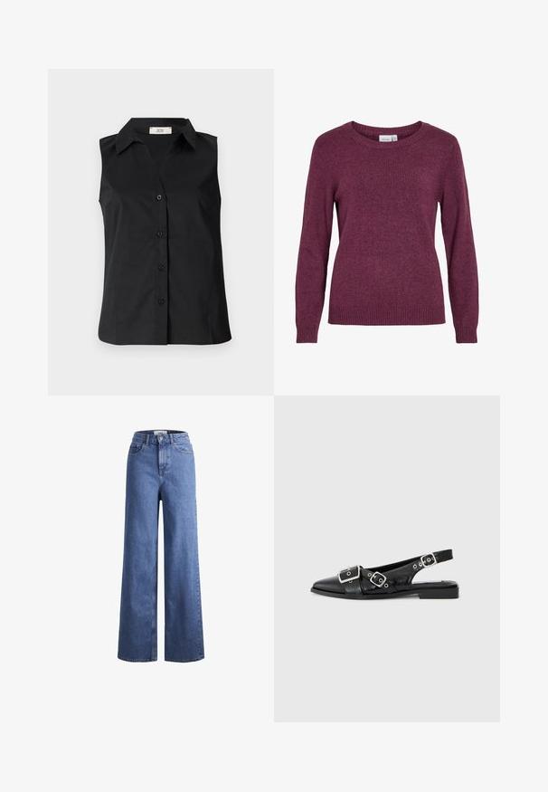 Suéter de malha bordeaux com decote arredondado, mangas longas, punhos e barra canelados. Textura suave com um aspeto sutilmente mesclado.; Camisa preta sem mangas com fecho frontal de botões, decote com colarinho e uma textura suave. Design simples sem padrões ou detalhes adicionais.; Jeans de ganga azul claro, de perna larga e cintura alta, com dois bolsos frontais e costuras visíveis. Apresenta um fecho de botão e zíper.; Sapato slingback preto em couro com bico pontiagudo, duas fivelas prateadas e um salto baixo em bloco. Apresenta um cabedal texturizado e parte de trás aberta.