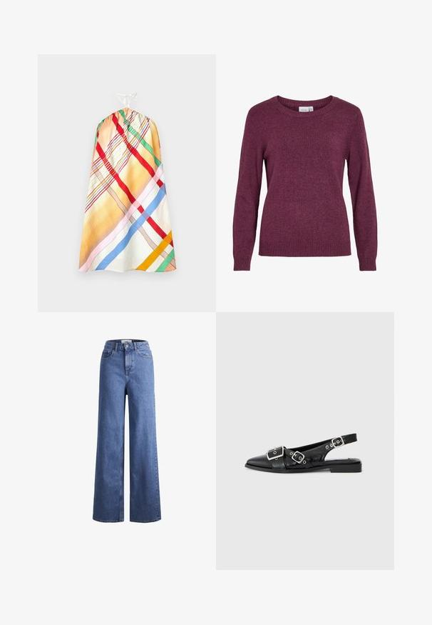 Pull en tricot bordeaux avec un col rond, des manches longues, des poignets et un ourlet côtelés. Texture douce avec un aspect légèrement chiné et subtil.; Robe sans manches multicolore et à motifs avec un haut froncé et un lien ajustable blanc. Présente des rayures rouges, vertes, bleues et jaunes.; Jean large en denim bleu clair avec taille haute, deux poches avant et coutures visibles. Fermeture à bouton et à zip.; Chaussure slingback en cuir noir avec un bout pointu, deux boucles en argent et un petit talon carré. Présente un dessus texturé et un dos ouvert.