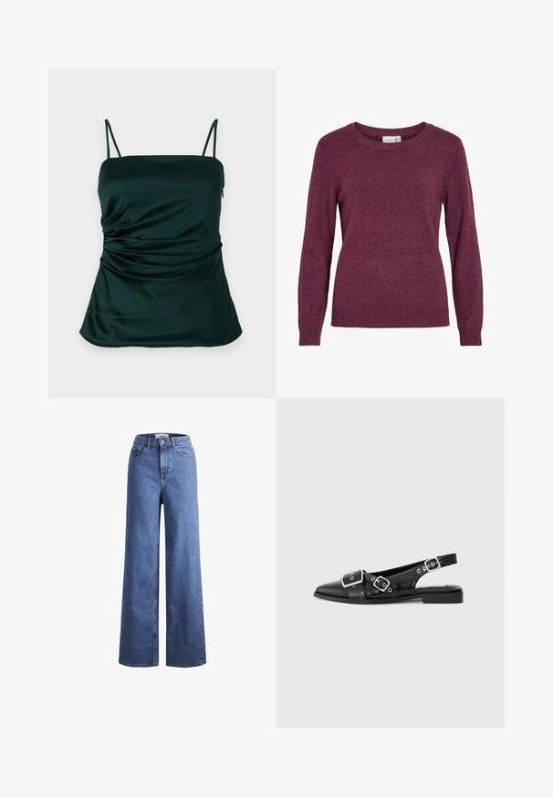 Burgundska pletena jopica z okroglim izrezom, dolgimi rokavi, rebrastimi manšetami in spodnjim robom. Mehka tekstura z subtilnim, rahlo meliranim videzom.; Temnozelena satenasta majica s tankimi naramnicami, z nabranim detajlom ob strani in gladko, mehko teksturo. Oblikovana za prilagodljivo prileganje.; Svijetloplave traper hlače širokih nogavica s visokim strukom, s dva prednja džepa i vidljivim šavovima. Ima kopčanje na gumb i zatvarač.; Črne usnjene slingback čevlje s koničastim nosom, dvema srebrnima zaponkama in nizkim blokastim peto. Imajo teksturirano zgornji del in odprto zadnjo stran.