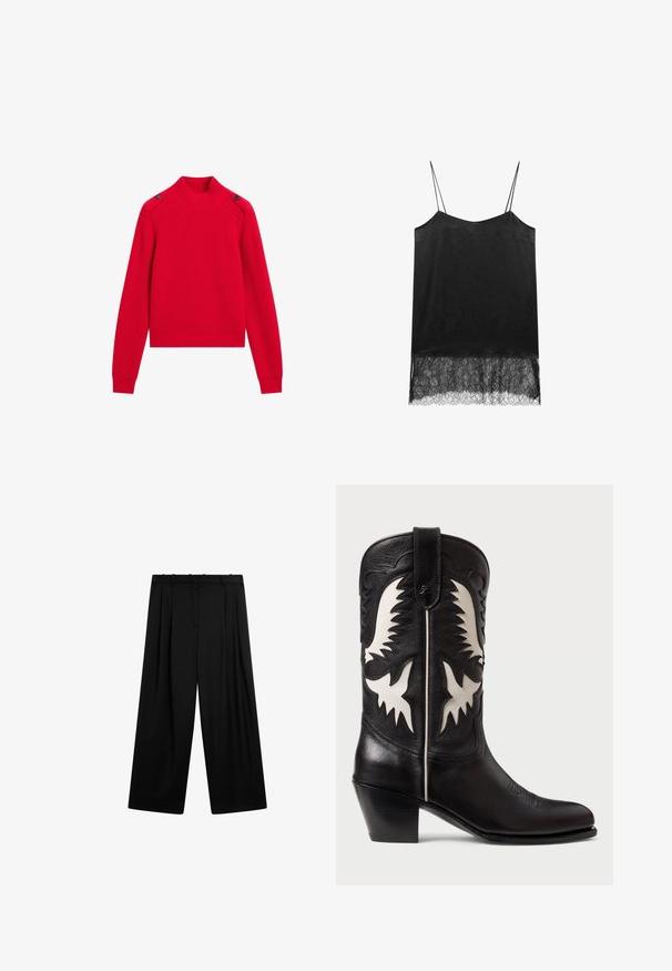 Červený pletený svetr s ribby vzorem, s vysokým límcem, bočními knoflíky a dlouhými rukávy s přiléhavými manžetami. Zkrácený design.; Černý top s tenkými ramínky, s texturovanou látkou a krajkovým lemem. Hladký povrch nahoře, složitý krajkový vzor na spodní části.; Massimo Dutti DARTED - Kalhoty - black; Černé kožené kovbojské boty s bílými ostrými akcenty, zdobené šitím, s špičatou špičkou a nízkým vrstveným podpatkem.