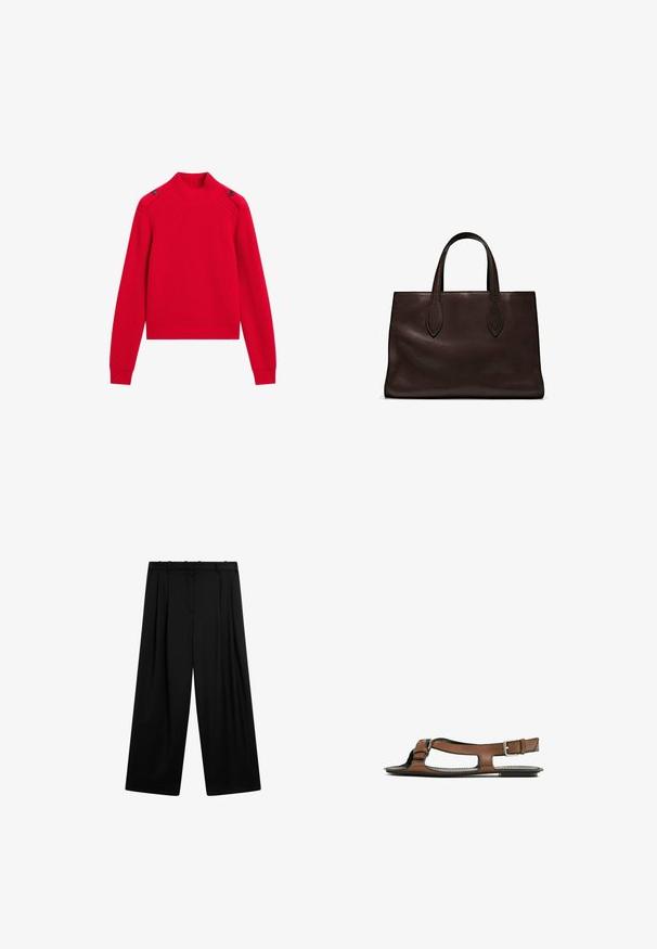 Red ribbed knit sweater featuring a high neck, side buttons, and long sleeves with fitted cuffs. Cropped design.; Black camisole with thin straps, featuring a textured fabric and a lace hem detail. Smooth finish on top, intricate lace pattern at the bottom.; Massimo Dutti DARTED - Trousers - black; Brown leather sandal with an open toe and side cutouts. Features an ankle strap with a metal buckle and a flat sole.; Brown leather tote bag with two elongated handles, structured rectangular shape, smooth texture, and subtle stitching details.