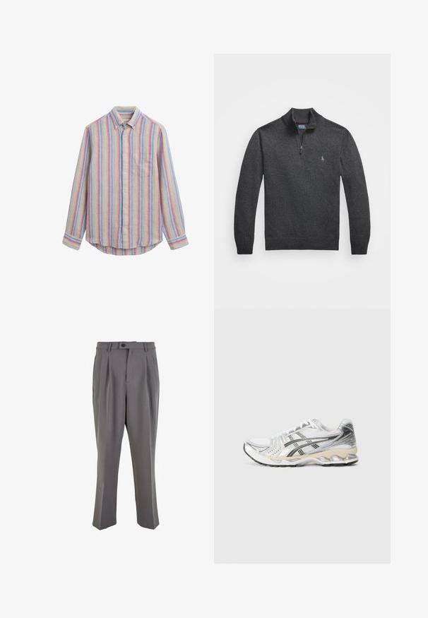 Sudadera de cremallera en gris oscuro hecha de material de punto. Cuenta con un cuello alto y un pequeño logo bordado en el pecho. Textura suave.; Camisa de botones a rayas con un tejido suave en tonos azules, amarillos y rojos. Presenta un bolsillo en el pecho y un cuello clásico.; Pantalones gris de pliegues hechos de tela suave, con corte recto, cierre de un solo botón y trabillas para cinturón. Diseño minimalista.; Zapatilla deportiva blanca con acentos en plata y negro, parte superior de malla, diseño texturizado, suela acolchada y un patrón de tracción flexible.