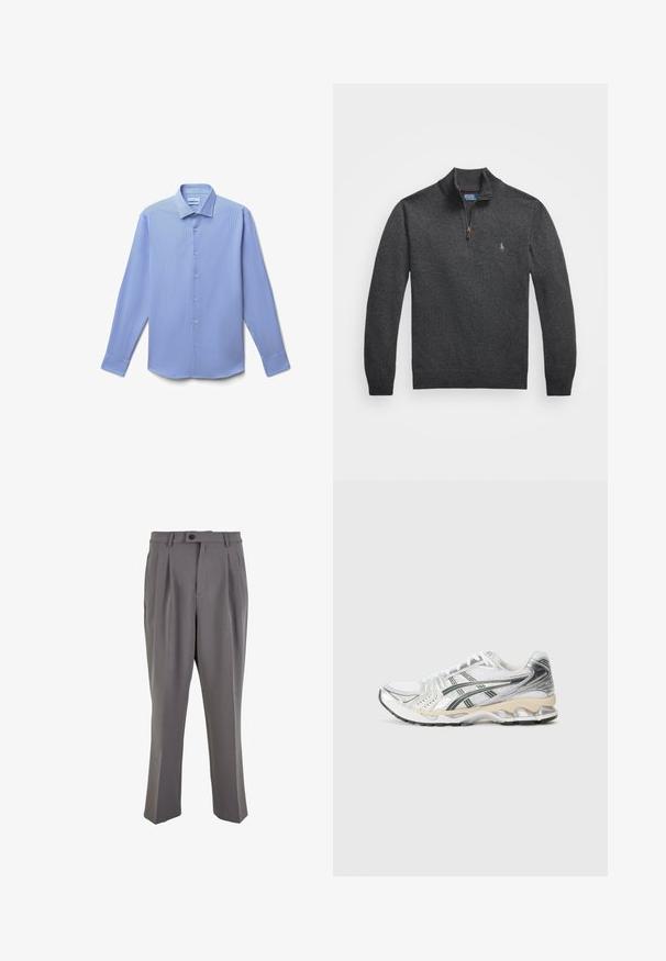 Maglione grigio scuro con zip, realizzato in materiale a maglia. Presenta un colletto alto e un piccolo logo ricamato sul petto. Preziosa texture liscia.; Camicia da uomo a maniche lunghe, blu chiaro, con bottoni, caratterizzata da fini righe verticali, colletto a punta e polsini con bottoni, su uno sfondo bianco.; Pantaloni grigi plissettati in tessuto liscio, con taglio dritto, chiusura con un bottone e passanti per cintura. Design minimalista.; Scarpa sportiva bianca con accenti argento e neri, parte superiore in rete, design testurizzato, suola imbottita e un modello di battistrada flessibile.