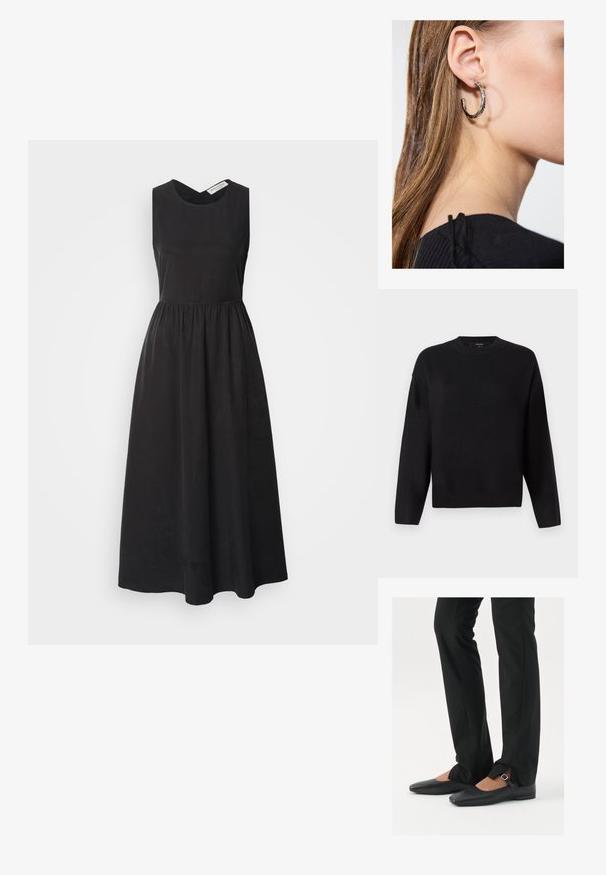 Mustat neuleet paita, jossa on pyöreä pääntie, putoavat olkapäät ja resorit. Sileä rakenne ja rento, laatikkomainen istuvuus.; Mustat olkaimeton mekko, jossa on V-muotoinen kaula-aukko, ry gathered vyötärö ja virtaava A-linjainen hame. Valmistettu pehmeästä, kevyestä kankaasta.; Musta nahkakengät balettityylillä, kärjessä terävä muoto, hihna hopeasoljella, yhdistetty mustiin räätälöityihin housuihin, joissa on halkiohelma.; Hopea renkaankorvakoru kiiltävällä pinnalla, jossa on pieniä kultaisia yksityiskohtia ja pyöreä muoto, käytetty korvalla.