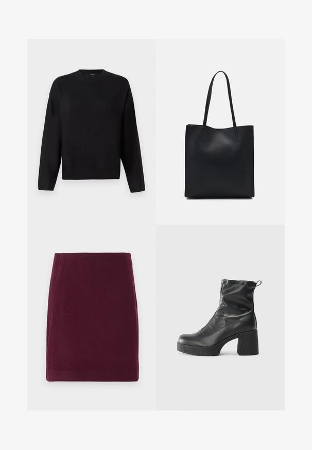 Melnā adīta džemperis ar apaļu kakla izgriezumu, kritušām plecu šuvēm un ribinātām piedurknēm. Gluda tekstūra un brīvs, kvadrātveida piegriezums.; Vero Moda VMFORTUNALLISON SHORT - A-silueta svārki - winetasting; Melni potītes zābaki, kas izgatavoti no gludas ādas, ar sānu rāvējslēdzēju, masīvu strukturētu papēdi un noapaļotu purngalu.; Melnas ādas somiņa ar gludu tekstūru, taisnstūra formu un divām garām rokturiem. Nav redzamu aparatūras vai rotājumu.