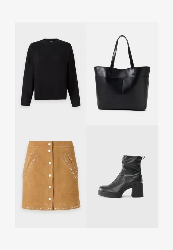 Pulover negru tricotat cu decolteu rotund, umeri lăsați și manșete cu bordură. Textură netedă și o croială relaxată, în formă de cutie.; Fustă din suede maro cu închidere cu butoane în față, două buzunare laterale și ținte argintii pe buzunare și la margine. Textură netedă.; Bocanci negri de glezna din piele netedă, cu fermoar lateral, toc texturat și masiv, și design cu vârf rotund.; Geantă oversized din piele neagră, cu două mânere lungi, de textură netedă și formă structurată. Are un buzunar frontal pentru stocare suplimentară.