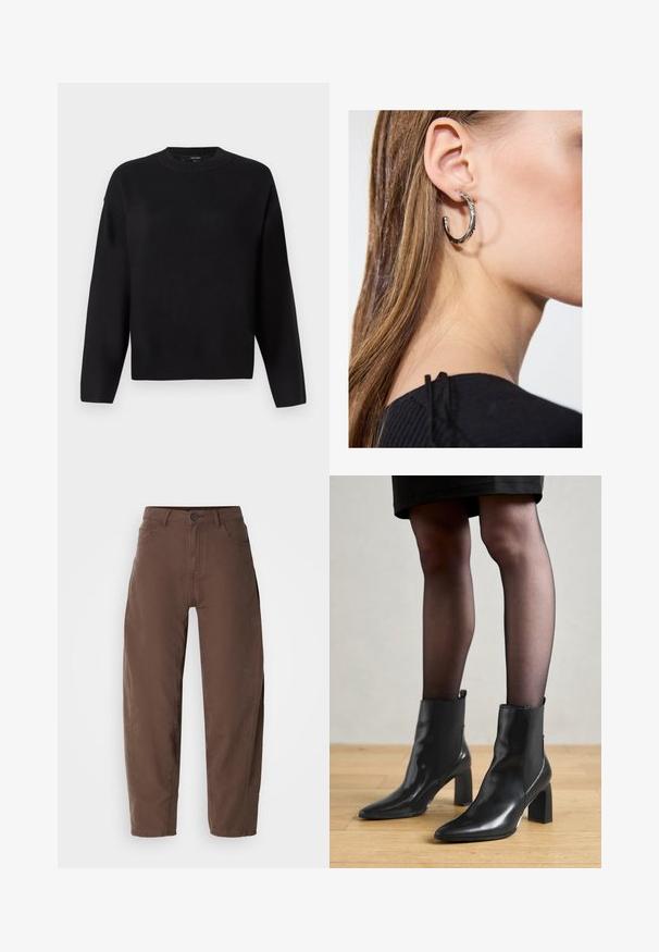 Juodas megztinis su apvaliu iškirpimu, nuleistomis petnešomis ir raštuotais rankogaliais. Lygus paviršius ir laisvas, dėžutės tipo siluetas.; Rudos tiesios kelnes su priekiniais sagčiais ir užtrauktuku, diržo kilpomis ir šoninėmis kišenėmis, pristatytos ant baltos fono.; Juodos odinės aulinės botai su smailiu priekiniu galiuku, masyviu kvadratiniu kulnu ir elegantišku dizainu. Yra elastingos šoninės detalės, kad būtų lengva užsidėti.; Sidabrinė lankinė auskarai su poliruotu paviršiumi, turintys mažus auksinius akcentus ir apvalią formą, dėvimi ant ausies kaušelio.