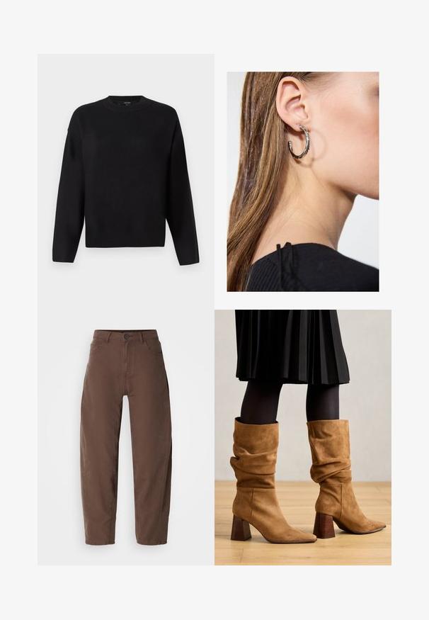 Pull en tricot noir avec un col rond, des épaules tombantes et des poignets côtelés. Texture lisse et coupe décontractée, ample.; Pantalons marron à jambes droites avec bouton avant et fermeture éclair, passants de ceinture et poches latérales, présentés sur un fond blanc.; Bottines en suédine marron, coupées à la cheville et à bouts pointus, avec des talons en bois empilés. Portées avec des collants noirs et une jupe noire plissée.; Boucle d'oreille en argent avec une finition polie, présentant de petits détails en or et de forme ronde, portée sur le lobe.