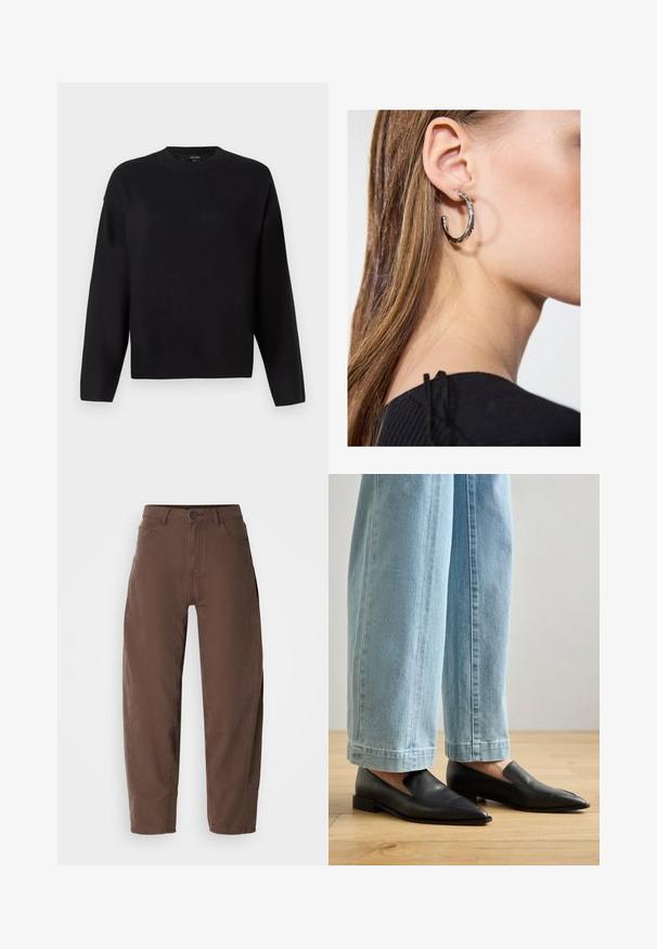 Crni pleteni pulover s okruglim izrezom, spuštenim ramenima i rebrastim manžetama. Glatka tekstura i opušteni, kvadrasti kroj.; Smeđe ravne hlače sa dugmetom i zipom sprijeda, ušicama za pojas i bočnim džepovima, prikazane na bijeloj pozadini.; Crne kožne cipele s oštrim vrhom i dizajnom na punu petu, uparene sa svijetloplavim hlačama širokih nogavica, na drvenom podu.; Srebrna kružna naušnica s poliranim završetkom, koja ima male zlatne detalje i okrugli oblik, nošena na uhu.