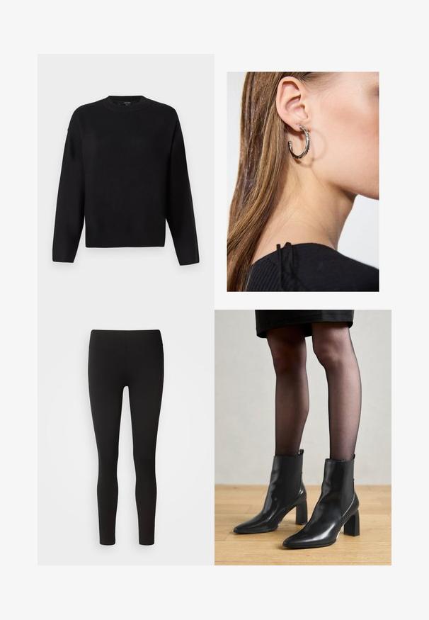 Black knitted sweater with a round neckline, dropped shoulders, and ribbed cuffs. Smooth texture and a relaxed, boxy fit.; Black leggings made of stretch fabric with a seamless waistband, form-fitting design, and smooth texture, suitable for various activities.; Black leather ankle boots with a pointed toe, chunky square heel, and sleek design. Features elastic side panels for easy wear.; Silver hoop earring with a polished finish, featuring small gold accent details and a round shape, worn on the lobe.