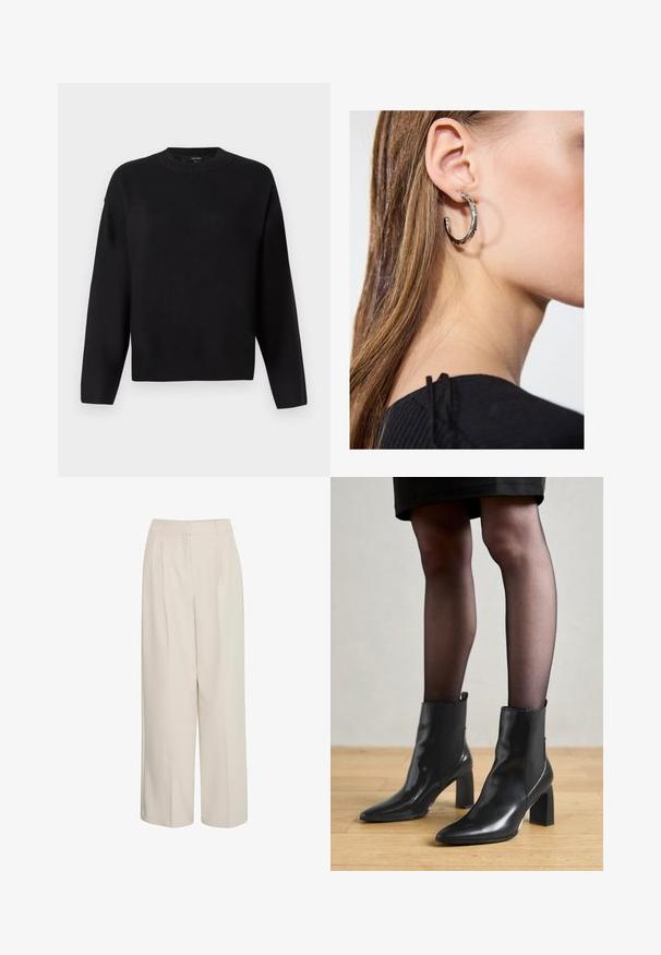 Crni pleteni pulover s okruglim izrezom, spuštenim ramenima i rebrastim manžetama. Glatka tekstura i opušteni, kvadrasti kroj.; Hlače širokog kroja od kremaste boje s visokim strukom i nabranim detaljima, izrađene od glatkog materijala, s čistim dizajnom i prilagođenim krojem.; Crne kožne gležnjače s šiljastim vrhom, robusnim četvrtastim potplatom i elegantnim dizajnom. Imaju elastične bočne panele za jednostavno oblačenje.; Srebrna kružna naušnica s poliranim završetkom, koja ima male zlatne detalje i okrugli oblik, nošena na uhu.