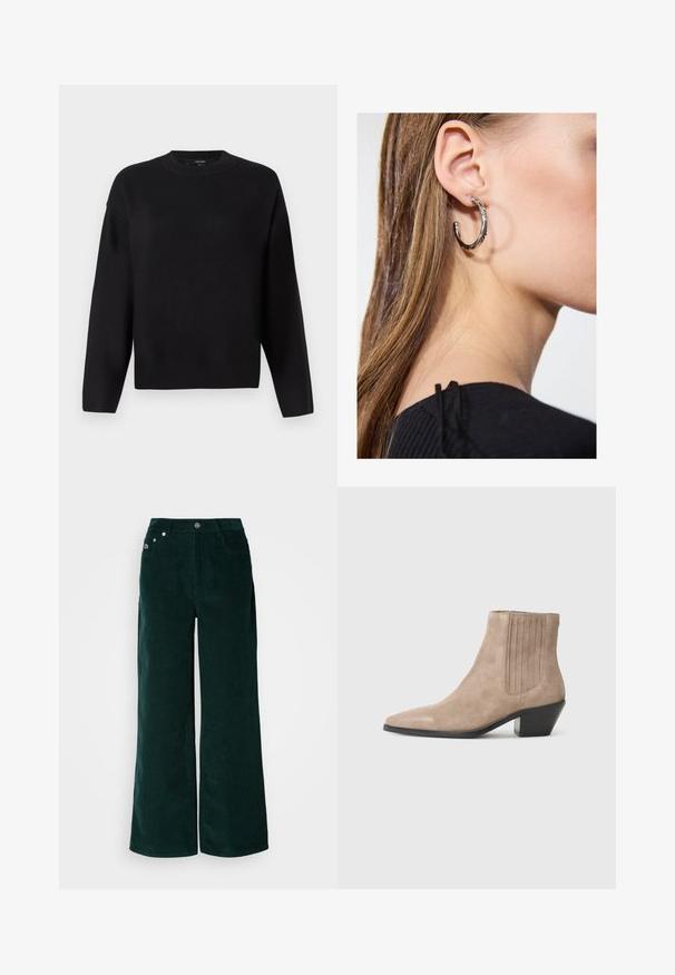 Fekete kötött pulóver kerek nyakkivágással, eső válú ujjakkal és bordázott mandzsettákkal. Simaszerkezet és laza, doboz alakú szabás.; Sötétzöld, bő szárú kordnadrág. Oldalán vízszintes bordázott textúrával, első zsebekkel és márkázott gombos záródással rendelkezik.; Beige velúr bokacsizma hegyes orral és formázott sarkal, oldalán függőleges varrási díszítéssel.; Ez egy ezüst fülbevaló, sima felülettel, amelyen apró arany díszítőelemek találhatók. Kerek formájú és a fülcimpán viselik.