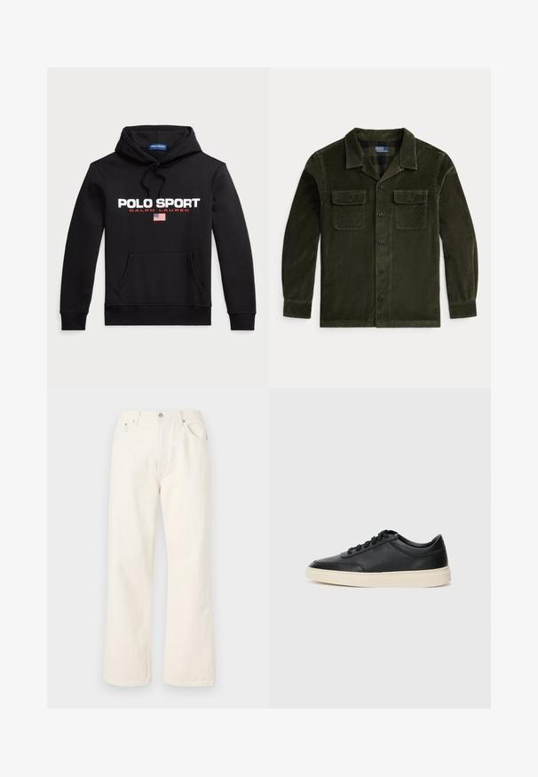 Polo Ralph Lauren POLO SPORT HOODIE UNISEX - Kapucnis pulóver - black/white; Sötét zöld kordbársony ingdzseki hosszú ujjal, két mellzsebbel és gombos zárással. Klasszikus gallérral és vízszintesen bordázott textúrával rendelkezik.; Tej színű, bő szárú farmernadrág, klasszikus öt zsebes kialakítással és fém gombos derékkal.; Fekete, alacsony szárú bőrsneaker fekete fűzőkkel és törtfehér talppal, oldalnézetben, fehér háttér előtt.