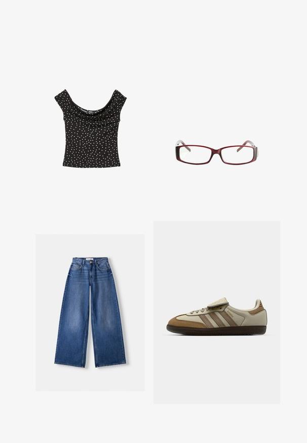 Bruine hooded long-sleeve top met witte horizontale strepen, drie-knops V-hals en koorden op de capuchon, gelabeld als Bershka.; Zwarte top met korte mouwen en gedrapeerde halslijn, voorzien van witte stippen. Gemaakt van een soepele stof met een getailleerde pasvorm.; Bershka WIDE-LEG - Wide leg - dark blue; Bruine en crèmekleurige sportschoen met drie beige strepen, gemaakt van suede en leer, vetersluiting ontwerp en rubberen zool. Tekstlogo aan de zijkant.; Rode rechthoekige bril met een slank ontwerp. Heldere lenzen, lichtdoorlatende slaapjes en een verloop van rood naar grijs.