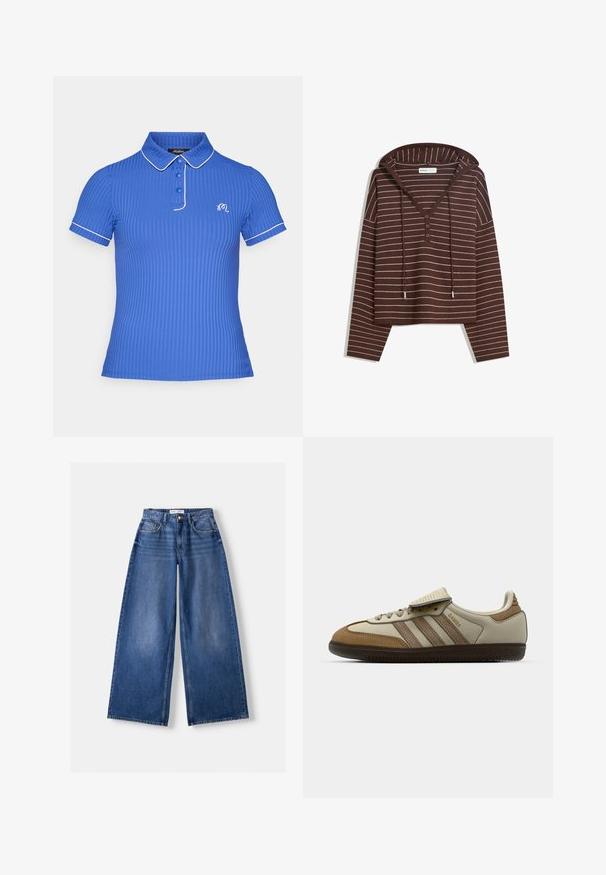 Brązowa, długorękawowa bluzka z kapturem z białymi poziomymi paskami, dekoltem w kształcie litery V na trzy guziki oraz sznurkami przy kapturze, oznaczona marką Bershka.; Niebieska polo z prążkowanej dzianiny z kołnierzykiem, trzema guzikami, białym wykończeniem rękawów i kołnierza oraz wyszywanym logo.; Bershka WIDE granatowy; Brązowy i kremowy but sportowy z trzema beżowymi paskami, wykonany z zamszu i skóry, z zapięciem na sznurówki oraz gumową podeszwą. Logo tekstowe po stronie.