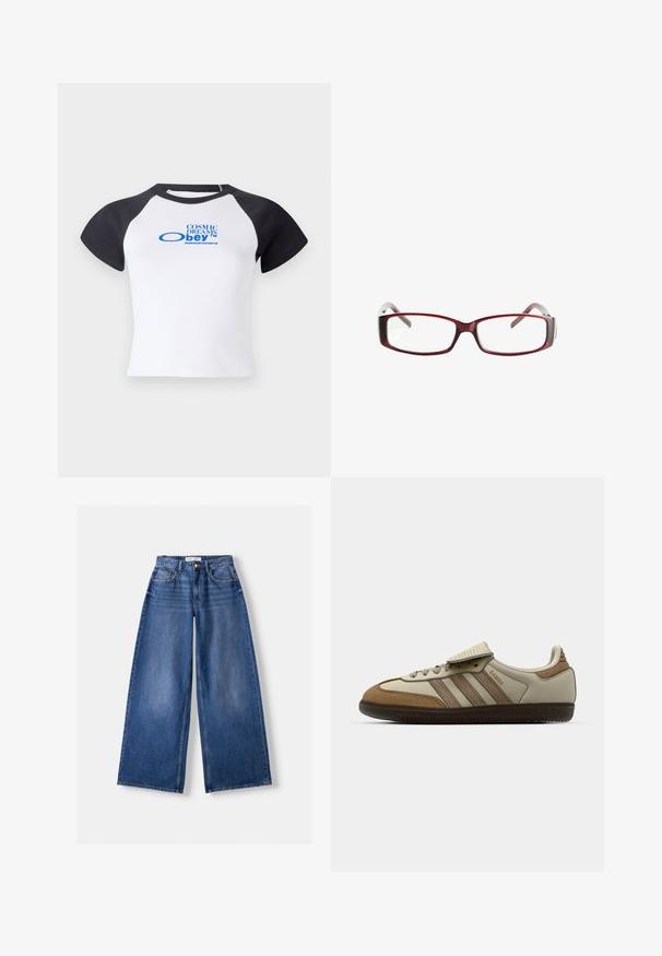 Ruskea huppu pitkähihaisessa paidassa, jossa on valkoisia vaakasuoria pintoja, kolmen napin V-kaula-aukko ja nyörit hupussa, merkitty Bershkaksi.; Valkoinen lyhythihainen t-paita mustilla raglan-hihnoilla, jossa on edessä sininen graafinen teksti "COSMIC DREAMS obey™".; Bershka WIDE-LEG - Leveälahkeiset - dark blue; Ruskohvittua ja kermajuovapintaista urheilukenkää, jossa on kolme vaaleanbeigeä raitaa, päällysteet nahkaa ja mokkaa, nauhakiristys ja kumipohja. Tekstilogo sivulla.; Punaiset suorakulmaiset silmälasit, joissa on tyylikäs muotoilu. Kirkkaat linssit, hieman läpikuultavat templet ja punaisesta harmaaseen ulottuva väriharjoitus.