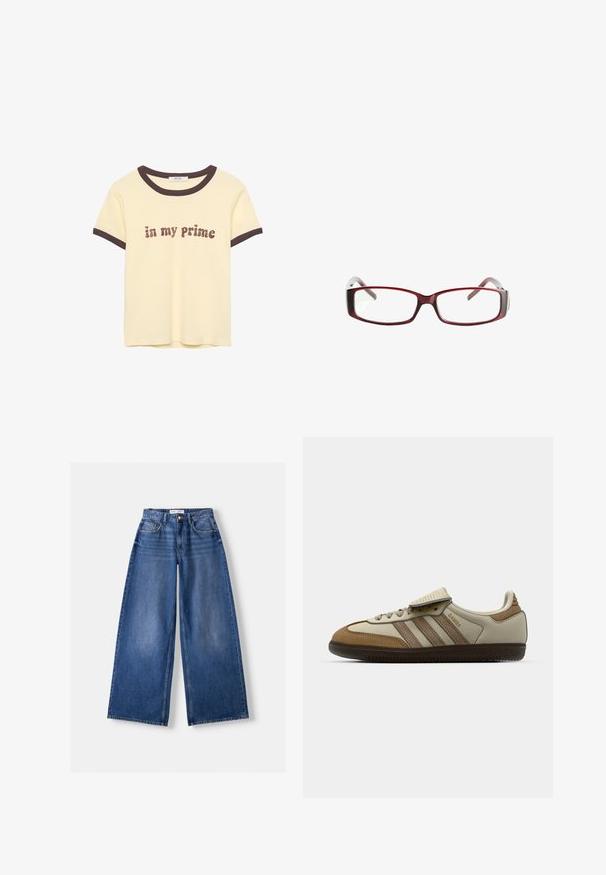 Brun hættebluse med lange ærmer, hvide vandrette striber, V-udskæring med tre knapper og snøre i hætten, mærket Bershka.; Lys gul t-shirt med brun ribbet halsudskæring og ærmer, med teksten "in my Prime" i en tekstureret brun skrift. Materiale: bomuld.; Bershka WIDE-LEG - Wide leg - dark blue; Brun og creme atletisk sko med tre beige striber, lavet af ruskind og læder, snørelukning og gummisål. Tekstlogo på siden.; Røde rektangulære briller med et sleekt design. Klare linser, let transparente stænger og en gradient-effekt fra rød til grå.
