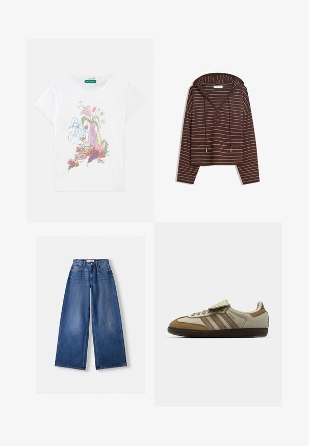 Bruine hooded long-sleeve top met witte horizontale strepen, drie-knops V-hals en koorden op de capuchon, gelabeld als Bershka.; Witte T-shirt met korte mouwen met een kleurrafisch van een vaas met bloemen, fruit, een drinkglas en druiven aan de voorkant.; Bershka WIDE-LEG - Wide leg - dark blue; Bruine en crèmekleurige sportschoen met drie beige strepen, gemaakt van suede en leer, vetersluiting ontwerp en rubberen zool. Tekstlogo aan de zijkant.