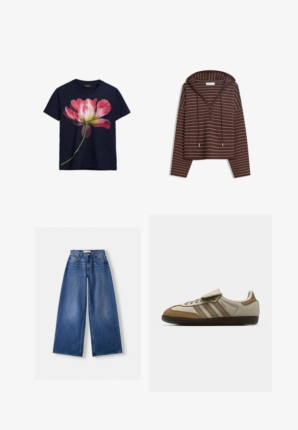 Tricou lung cu mâneci și glugă, de culoare maro, cu dungi orizontale albe, decolteu în V cu trei nasturi și șnururi în glugă, etichetat Bershka.; Tricou din bumbac bleu marin, cu un grafic mare de floare roz și alb pe față, având un tulpină verde care se extinde spre partea de jos.; Bershka WIDE-LEG - Wide leg - dark blue; Încălțăminte sportivă maro și crem cu trei dungi bej, din suede și piele, cu șireturi și talpă din cauciuc. Logo din text pe lateral.