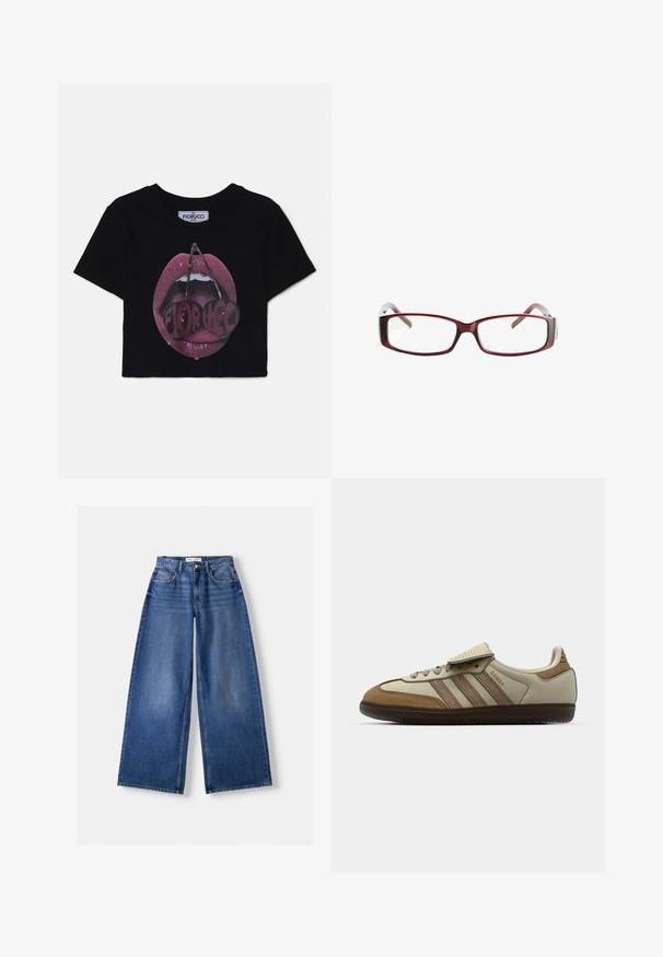 Brun hættebluse med lange ærmer, hvide vandrette striber, V-udskæring med tre knapper og snøre i hætten, mærket Bershka.; Fiorucci MOUTH CROPPED - T-shirts print - black; Bershka WIDE-LEG - Wide leg - dark blue; Brun og creme atletisk sko med tre beige striber, lavet af ruskind og læder, snørelukning og gummisål. Tekstlogo på siden.; Røde rektangulære briller med et sleekt design. Klare linser, let transparente stænger og en gradient-effekt fra rød til grå.