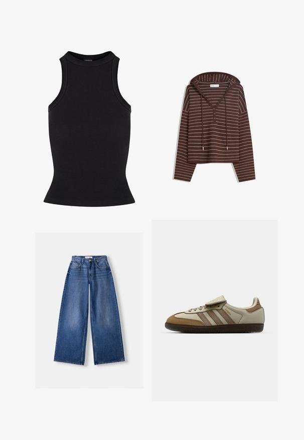 Bruine hooded long-sleeve top met witte horizontale strepen, drie-knops V-hals en koorden op de capuchon, gelabeld als Bershka.; Zwarte geribbelde tanktop met een hoge halslijn en een getailleerde pasvorm. Glad oppervlak zonder zichtbare versieringen of patronen.; Bershka WIDE-LEG - Wide leg - dark blue; Bruine en crèmekleurige sportschoen met drie beige strepen, gemaakt van suede en leer, vetersluiting ontwerp en rubberen zool. Tekstlogo aan de zijkant.