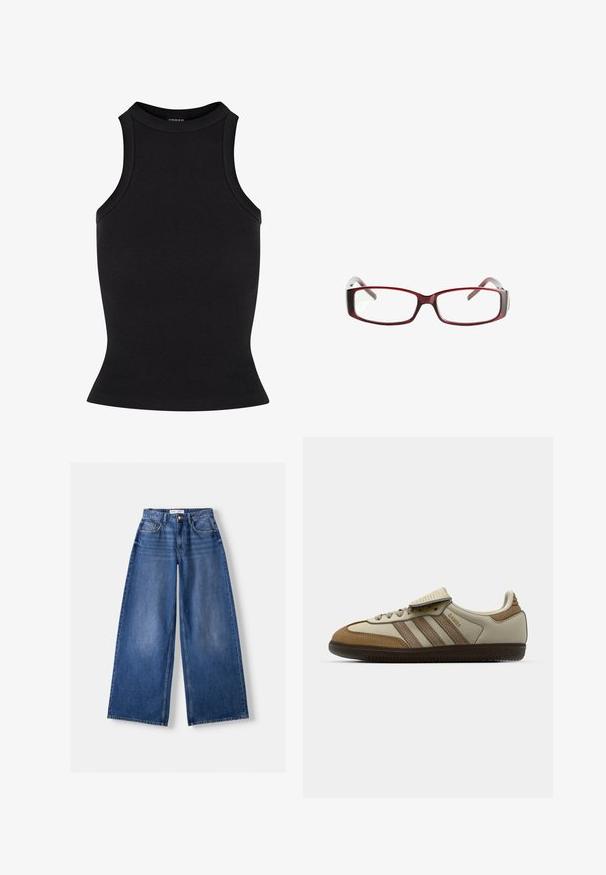 Ruskea huppu pitkähihaisessa paidassa, jossa on valkoisia vaakasuoria pintoja, kolmen napin V-kaula-aukko ja nyörit hupussa, merkitty Bershkaksi.; Musta ribbattu hihaton paita, jossa on korkea kaulus ja tiukka siluetti. Liukas pinta, jossa ei ole näkyviä koristeita tai kuvioita.; Bershka WIDE-LEG - Leveälahkeiset - dark blue; Ruskohvittua ja kermajuovapintaista urheilukenkää, jossa on kolme vaaleanbeigeä raitaa, päällysteet nahkaa ja mokkaa, nauhakiristys ja kumipohja. Tekstilogo sivulla.; Punaiset suorakulmaiset silmälasit, joissa on tyylikäs muotoilu. Kirkkaat linssit, hieman läpikuultavat templet ja punaisesta harmaaseen ulottuva väriharjoitus.
