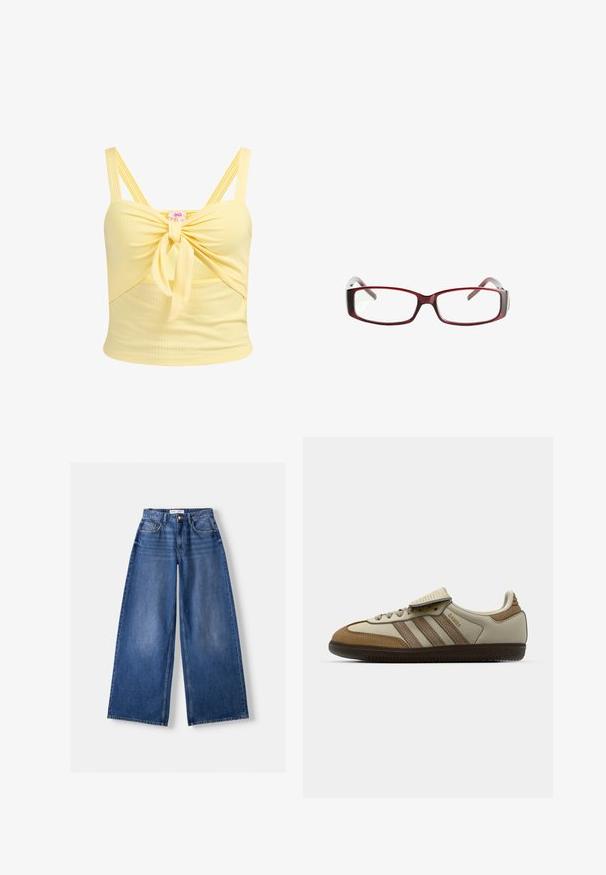 Bruine hooded long-sleeve top met witte horizontale strepen, drie-knops V-hals en koorden op de capuchon, gelabeld als Bershka.; Geel geribbelde crop top met een geknoopt voorkantdetail en verstelbare dubbele banden. Heeft een aansluitend design en een zachte textuur.; Bershka WIDE-LEG - Wide leg - dark blue; Bruine en crèmekleurige sportschoen met drie beige strepen, gemaakt van suede en leer, vetersluiting ontwerp en rubberen zool. Tekstlogo aan de zijkant.; Rode rechthoekige bril met een slank ontwerp. Heldere lenzen, lichtdoorlatende slaapjes en een verloop van rood naar grijs.