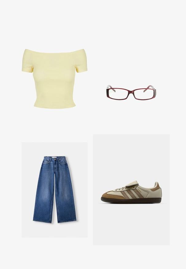 Barna kapucnis, hosszú ujjú felső fehér vízszintes csíkokkal, háromgombos V-nyakkal, és zsinórral a kapucnin, Bershka felirattal.; Vállról lefelé csúszó, rövid ujjú felső puha, bordázott sárga anyagból; testhez simuló kialakítás, egyenes aljjal és minimális varrási részletekkel.; Bershka WIDE-LEG - Széles szárú - dark blue; Barna és krém színű sportcipő, három bézs csíkkal, velúr és bőr anyagból készült, fűzős kialakítással és gumitalppal. Szöveges logó az oldalon.; Vörös téglalap alakú szemüveg, amelynek elegáns kivitele van. Átlátszó lencsék, enyhén áttetsző szárak, és vörösből szürkébe átmenő színátmenet.
