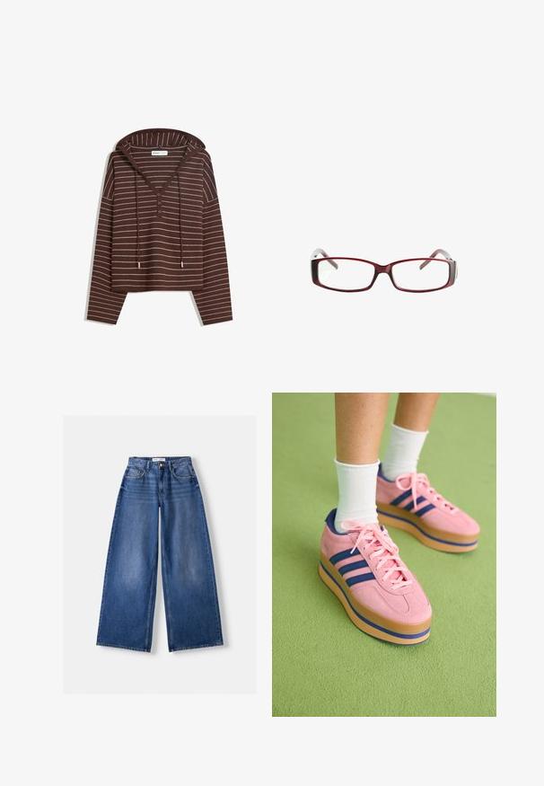Brązowa, długorękawowa bluzka z kapturem z białymi poziomymi paskami, dekoltem w kształcie litery V na trzy guziki oraz sznurkami przy kapturze, oznaczona marką Bershka.; Bershka WIDE granatowy; Różowe zamszowe sneakersy na platformie z niebieskimi paskami i różowymi sznurowadłami. Gruba beżowa podeszwa z niebieskim akcentem. Noszone z białymi skarpetkami do kostek na zielonej powierzchni.; Czerwone prostokątne okulary z eleganckim designem. Przezroczyste soczewki, lekko przezroczyste zauszniki oraz efekt gradientu od czerwonego do szarego.