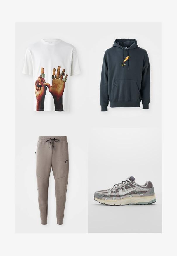 Tumši pelēkā kokvilnas maisījuma kapuce ar sarkanu un dzeltenu grafisku logotipu priekšpusē, kenguru kabatu un ribotām aprocēm.; Jordan JORDAN FLIGHT MVP - Apdrukāts T-krekls - sail black; Pelēki Nike sporta bikses ar aukliņu viduklī, sašaurinātiem galiem, sānu kabatām un izteiktām šuvēm. Mīksta, teksturēta auduma.; Pelēkie sporta apavi ar tīkla un zamša augšdaļu, baltiem akcentiem, mīkstinātu zoli un izcilu dizainu ar atstarotājiem.