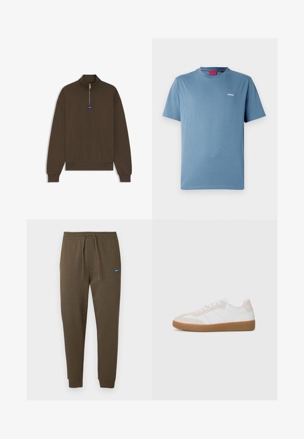Rjava jopa z zadrgo in visokim ovratnikom, rebrastimi manšetami in spodnjim robom, z majhnim modrim logotipom spredaj. Gladek, mehak tekstura tkanine.; Modra kratka majica s kratkimi rokavi in okroglim izrezom z majhnim belim napisom "HUGO" na levi strani prsnega koša ter rdečo notranjo etiketo na ovratniku.; Temno olivno zelene trenirke z elastnim pasom, vrvico za zavezovanje, stranskimi žepi in rebrastimi manšetami. Majhna modra logotipna značka na levi strani.; Bež in bela superga z elementi iz semiša in usnja. Ponuja gumijast podplat, zasnovo z vezalkami in minimalistične stranske črte.