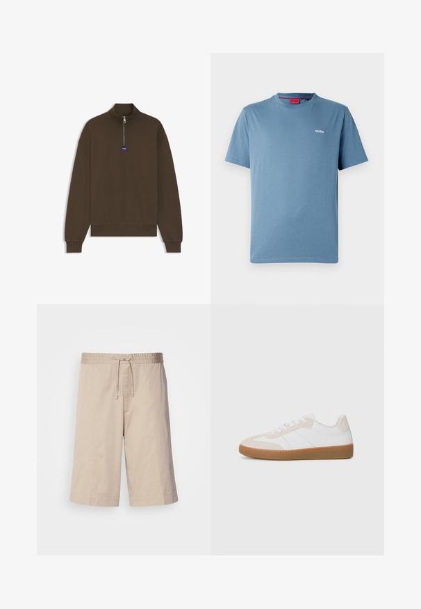 Brūns sporta džemperis ar rāvējslēdzēju, augstu apkakli, ribām uz aprocēm un apakšmalā, priekšpusē ar nelielu zilu logotipu. Gluda, mīksta auduma tekstūra.; Zils īss piedurkņu T-krekls ar apaļu kakla izgriezumu, kreisajā krūtīs neliels balts "HUGO" logotips un sarkans iekšējās apkakles etiķete.; Bežīgas kokvilnas šorti ar elastīgu jostu, auklu un taisnu piegriezumu. Bez kabatām, ar gludu un vieglu tekstūru.; Baltas un bēšs sporta apavi ar zamša un ādas elementiem. Aprīkoti ar gumijas zoli, šņorēšanas dizainu un minimālistiskām sānu svītrām.