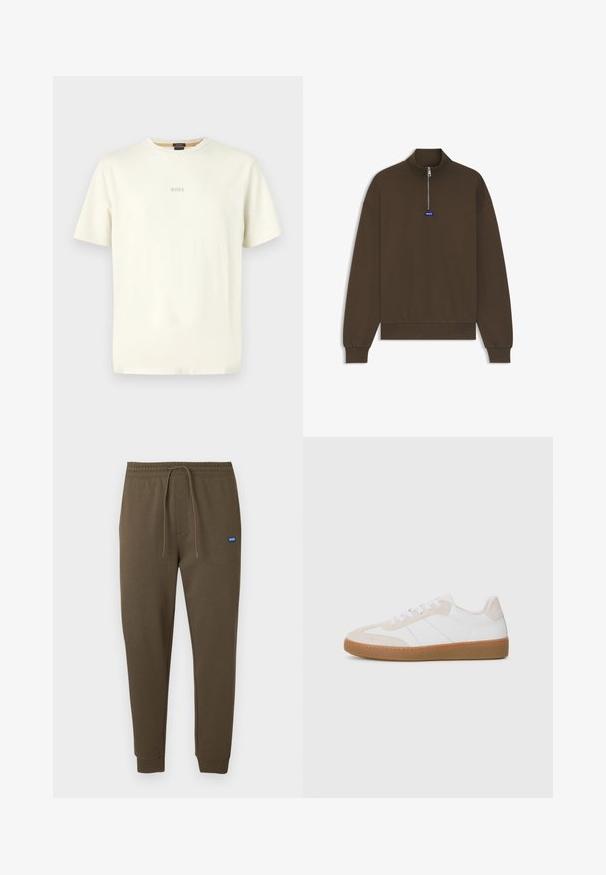 Ruda megztinio tipo striukė su užtrauktuku, aukštu apykakliu, briaunuotomis rankogaliais ir apačia, priekyje mažas mėlynas logotipas. Lygios, minkštos audinio tekstūros.; Kreminė trumpomis rankovėmis marškinėlė, pagaminta iš medvilnės, su apvaliu kaklu ir žodžiu "BOSS", subtiliai atspausdintu pilkai priekyje.; Tamsiai alyvuogių žalių laisvalaikio kelnių su elastine juosmens juosta, raišteliais, šoninėmis kišenėmis ir ribinėmis rankogaliais. Mažas mėlynas logotipo lopas kairėje pusėje.; Balti ir smėlio spalvos sportiniai bateliai su zomšos ir odos elementais. Su guminiu padu, raištelių dizainu ir minimalistinėmis šoninėmis juostelėmis.