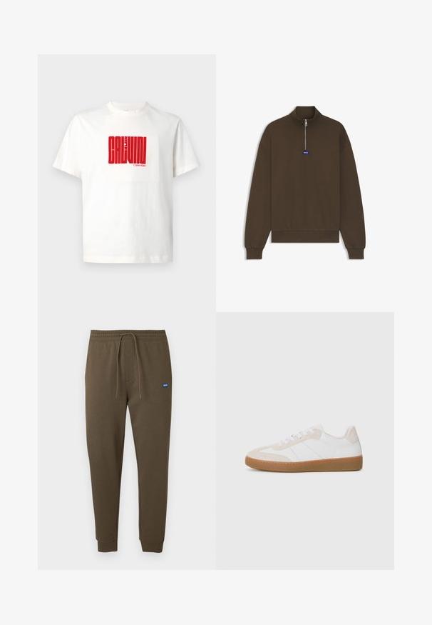 Braunes Sweatshirt mit Reißverschluss, hohem Kragen, gerippten Bündchen und Saum, mit einem kleinen blauen Logo auf der Vorderseite. Glatte, weiche Stoffstruktur.; Weißes Baumwoll-T-Shirt mit einem großen roten Graf print von "CALVIN KLEIN" auf der Vorderseite, Rundhals und kurzen Ärmeln.; Dunkel olivgrüne Sweatpants mit elastischem Bund, Kordelzug, seitlichen Taschen und gerippten Bündchen. Kleines blaues Logo-Patch auf der linken Seite.; Weiße und beige Sneaker mit Wildleder- und Lederelementen. Verfügt über eine Gummisohle, Schnürdesign und minimalistische Seitenstreifen.