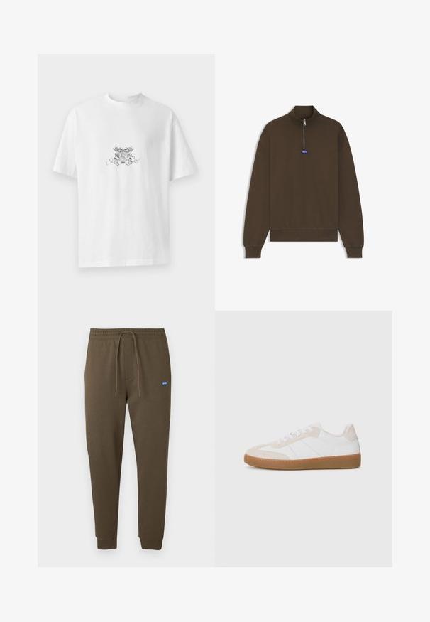 Pruun lukuga pusa kõrge kraega, soonikkoes varruka- ja alumiste servadega, esiküljel väike sinine logo. Sile, pehme tekstiil.; Valge puuvillane T-särk ümmarguse kaeluse, lühikeste varrukate ja musta lillelise graafika kujundusega, mille keskel on kirjas "HUGO".; Tumed oliivrohelised dressipüksid, millel on elastne vöökoht, nöörkinnitus, küljetaskud ja soonikkäised. Vasakul väike sinine logomärk.; Valge ja beež sneaker, millel on napale ja nahast elemendid. Varustatud kummist tallaga, nööpidega sulgemisega ning minimalistlikke külgribadega.