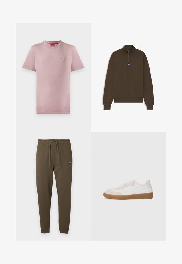 Ruskea vetoketjullinen collegepaita, jossa on korkea kaulus, resorit hihansuissa ja helmassa, sekä pieni sininen logo edessä. Pinnan sileä ja pehmeä kangas.; Vaaleanpunainen puuvillainen T-paita, jossa on pyöreä pääntie ja lyhyet hihat. Rinnassa pieni musta "HUGO"-logo. Sileä pinta.; Tummanoliivinvihreät collegehousut, joissa on joustava vyötärönauha, nyörikiristys, sivutaskut ja resorit lahkeissa. Pieni sininen logopatch vasemmalla.; Valkoiset ja beige sneakersit, joissa on mokka- ja nahkaelementtejä. Varustettu kumipohjalla, nyörityssuunnittelulla ja minimalistisilla sivuviivoilla.