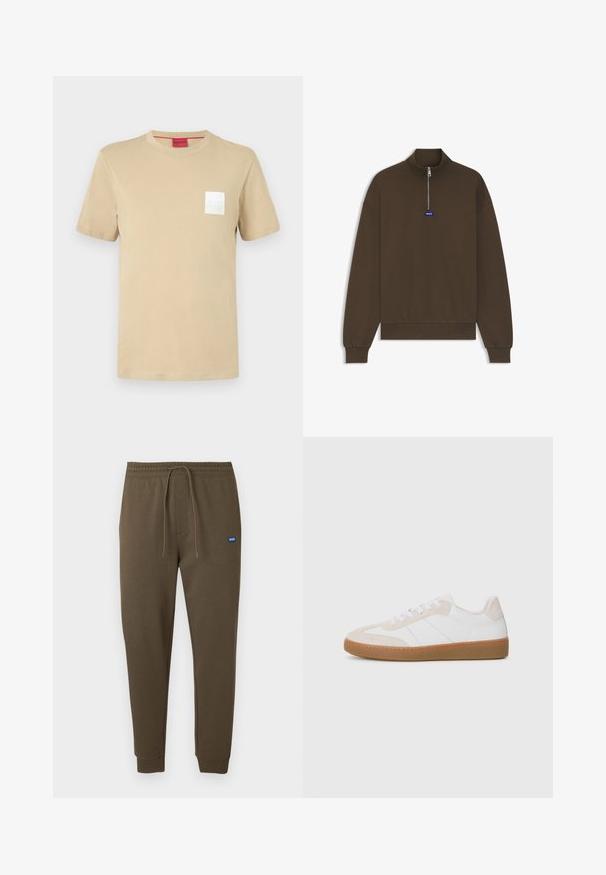 Brown zip-up sweatshirt with a high collar, ribbed cuffs and hem, featuring a small blue logo on the front. Smooth, soft fabric texture.; Beige cotton t-shirt with short sleeves, round neckline, and white square logo on the left chest. Smooth texture, casual design.; Dark olive green sweatpants with an elastic waistband, drawstring, side pockets, and ribbed cuffs. Small blue logo patch on the left.; White and beige sneaker with suede and leather elements. Features a rubber sole, lace-up design, and minimalist side stripes.